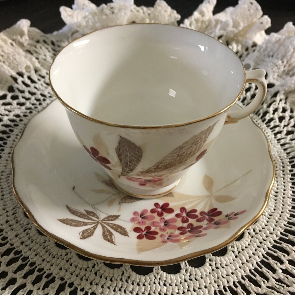 Royal Vale England Bone China Pink Blossom Brown Maple Teacup Saucer Vintage